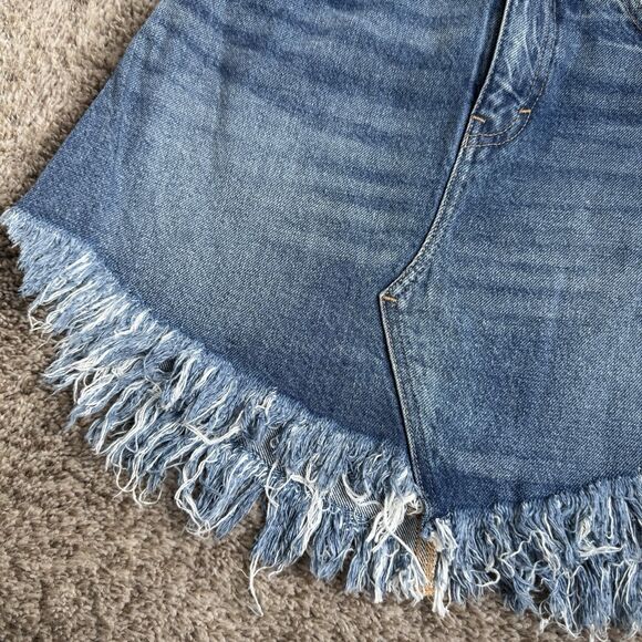 We The Free  Denim Fringe Skirt Raw Hem Distressed High Rise Bailey Skirt Sz 24 - Picture 2 of 4